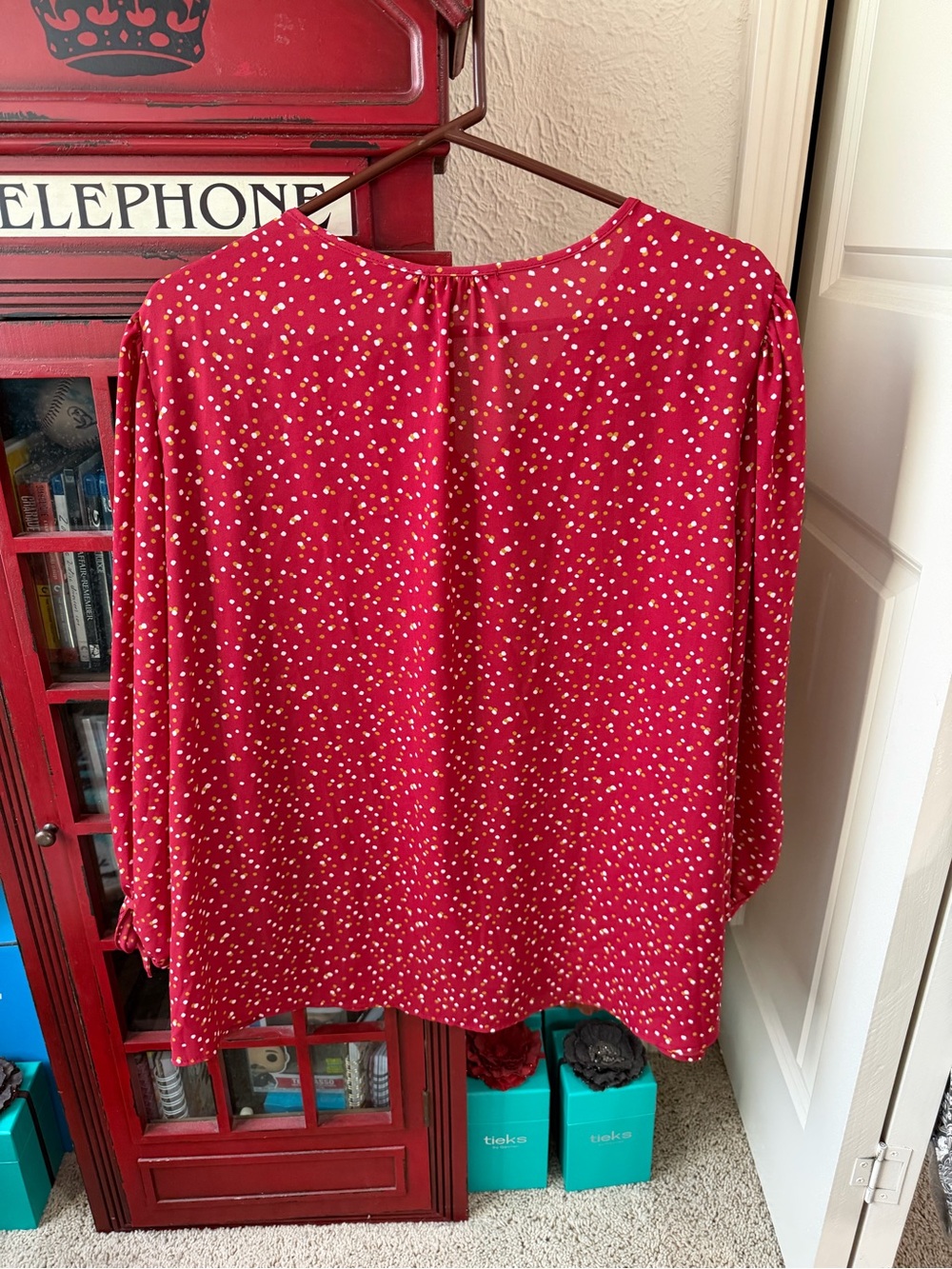 Olivia Grey Red Polka Dot V-Neck Blouse - Picture 3 of 6